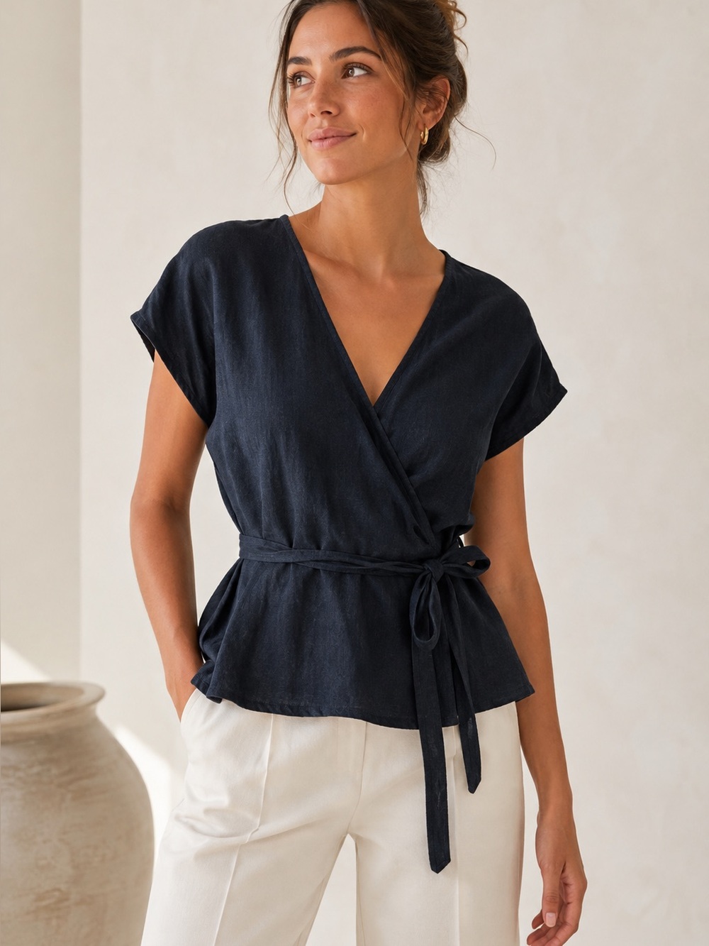 Banana Republic 100% Linen Wrap Tie Blouse Top XS Black